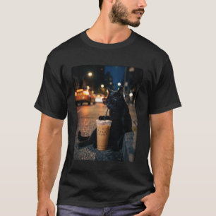 Zwarte Kat Drinkt IJskoude Koffie Grappig Dier Mem T-shirt