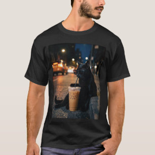 Zwarte Kat Drinkt IJskoude Koffie Grappig Dier Mem T-shirt