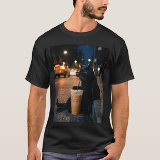 Zwarte Kat Drinkt IJskoude Koffie Grappig Dier Mem T-shirt