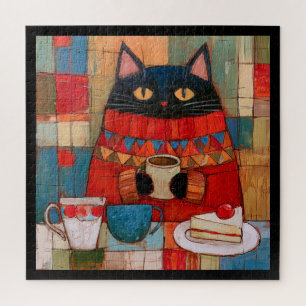 Zwarte kat drinkt koffie in gezellige cafe legpuzzel