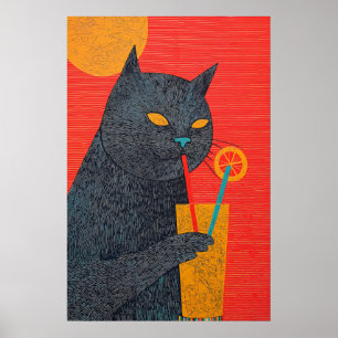 Zwarte Kat Drinkt Sappen Kunstprint Quirky Giclée Poster