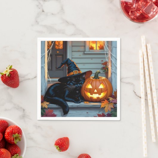 Zwarte kat dutten op pompoen Halloween Servet (Insitu)
