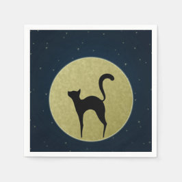 Zwarte kat eenvoudige elegante silhouette en maan servet