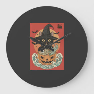 Zwarte kat eet Japanse ramen voor Halloween Grote Klok