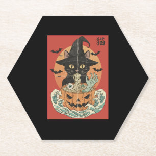 Zwarte kat eet Japanse ramen voor Halloween Kartonnen Onderzetters