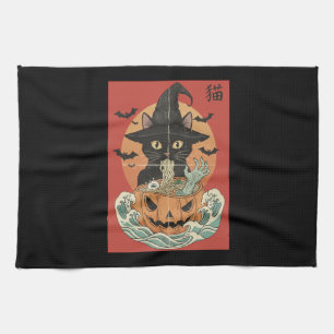 Zwarte kat eet Japanse ramen voor Halloween Theedoek