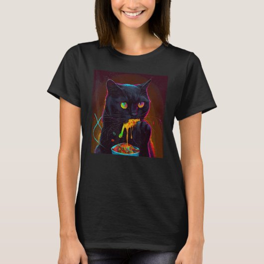 Zwarte Kat Eet Kleurig T-shirt (Voorkant)