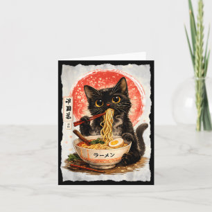 Zwarte kat eet ramen cute kawaii anime kat kaart