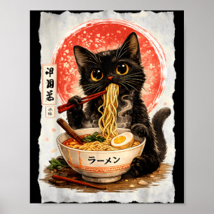 Zwarte kat eet Ramen Schattige Kawaii Anime Kat Poster