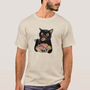 Zwarte Kat Eet Sushi Met Eetstokjes T-shirt