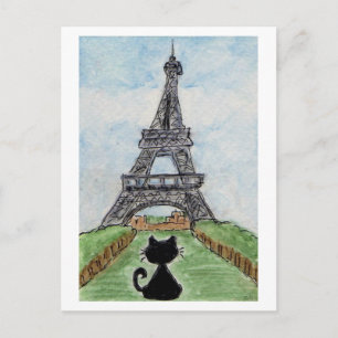 Zwarte kat Eiffeltoren aquarel briefkaart