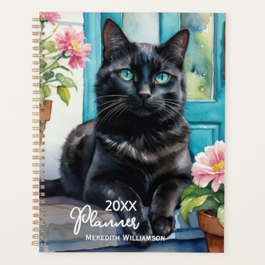 Zwarte Kat Elegante Aquarel Aangepast Jaar Planner (Voorkant)