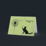 Zwarte kat- en andelionnaamdag kaart<br><div class="desc">Zwart kattensilhouet op groene en witte pin stippen achtergrond met paardenbloem voor naamdag.</div>