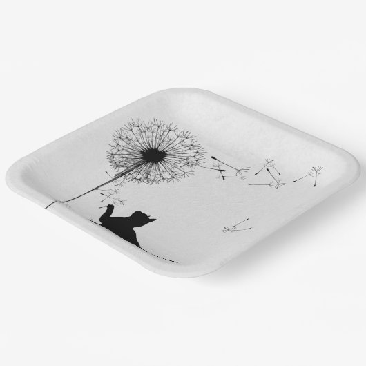 Zwarte kat en andelionzaad papieren bordje (Gebogen)