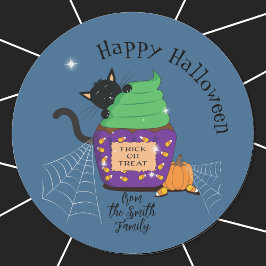 Zwarte kat en blauwe Stickers van Halloween Cupcak
