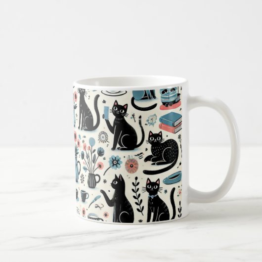 Zwarte kat en bloem koffiemok (Rechts)