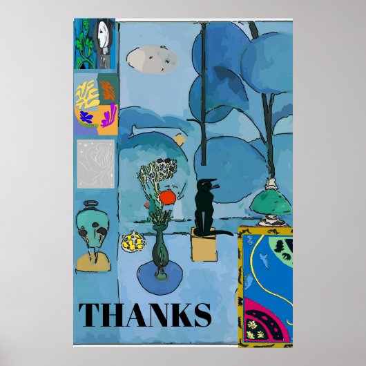 Zwarte kat en bloemen in blauwe ruimte, voeg tekst poster (Voorkant)