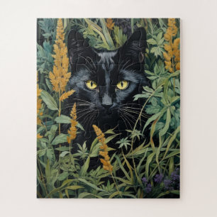 Zwarte kat en bloemen legpuzzel