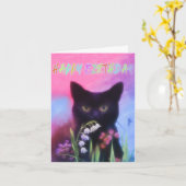 ZWARTE KAT EN BLOEMEN VERJAARDAG KAART (Gele Bloem)