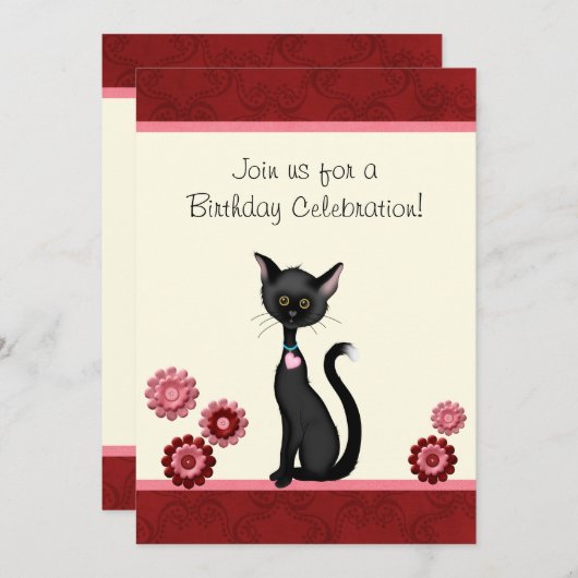 Zwarte kat en bloemen verjaardagsuitnodiging kaart (Voorkant / Achterkant)