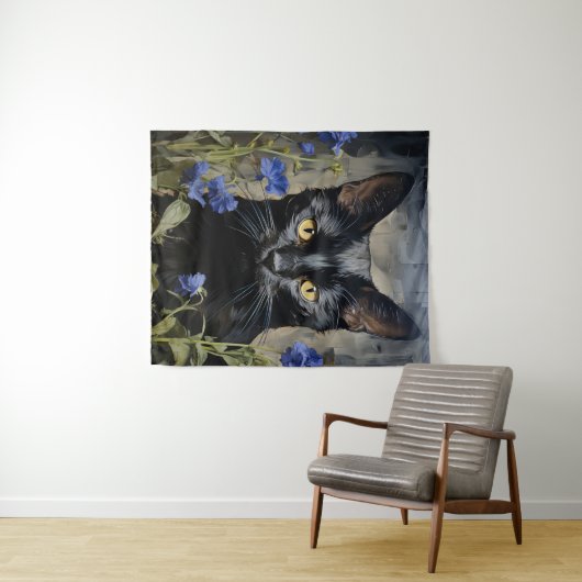 Zwarte kat en bloemen wandkleed (In Situ (horizontaal))