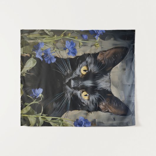 Zwarte kat en bloemen wandkleed (Voorkant (horizontaal))