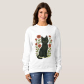 Zwarte kat en bloementuin dames sweatshirt (Voorkant volledig)