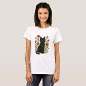 Zwarte kat en bloementuin Dames T-shirt (Voorkant volledig)