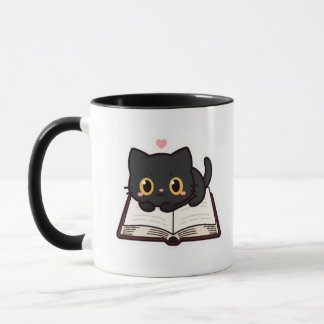 Zwarte Kat en Boek Geborduurde Comfort Kleuren T-s Mok