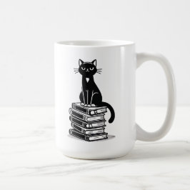 Zwarte kat en boeken – minimalistisch design koffiemok