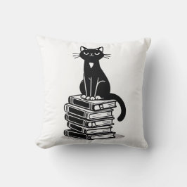 Zwarte kat en boeken – minimalistisch design kussen