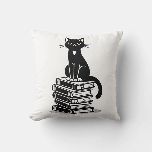 Zwarte kat en boeken – minimalistisch design kussen (Voorkant)