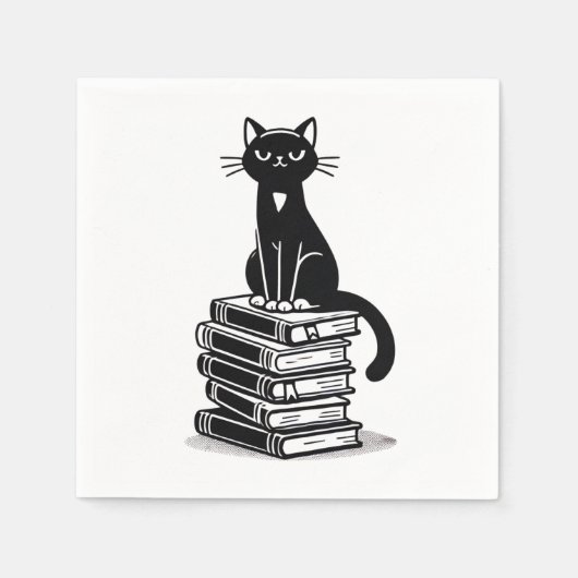 Zwarte kat en boeken – minimalistisch design servet (Voorkant)