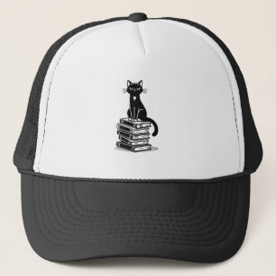 Zwarte kat en boeken – minimalistisch design trucker pet