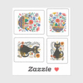 Zwarte kat en boeket, sticker (Vel)