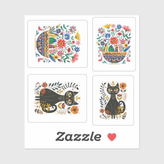 Zwarte kat en boeket, sticker (Vel)