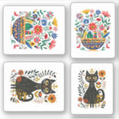 Zwarte kat en boeket, sticker (Voorkant)
