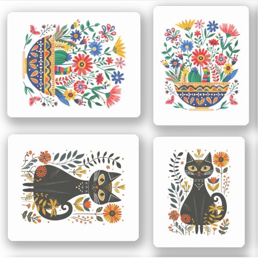Zwarte kat en boeket, sticker (Voorkant)
