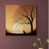 Zwarte kat en boom silhouet in de zon set canv canvas afdruk