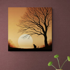 Zwarte kat en boom silhouet in de zon set canv canvas afdruk