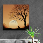 Zwarte kat en boom silhouet in de zon set canvas afdruk