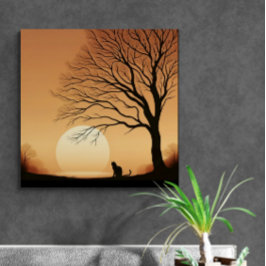 Zwarte kat en boom silhouet in de zon set canvas afdruk