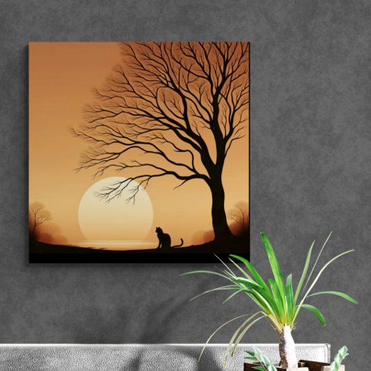 Zwarte kat en boom silhouet in de zon set canvas afdruk