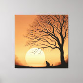 Zwarte kat en boom silhouet in de zon set canvas afdruk (Voorkant)