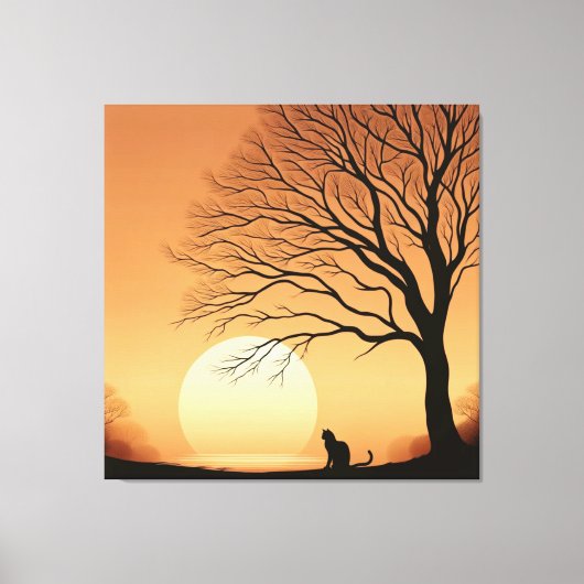 Zwarte kat en boom silhouet in de zon set canvas afdruk (Voorkant)