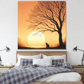 Zwarte kat en boom silhouet in de zon set canvas afdruk (Insitu (Slaapkamer))