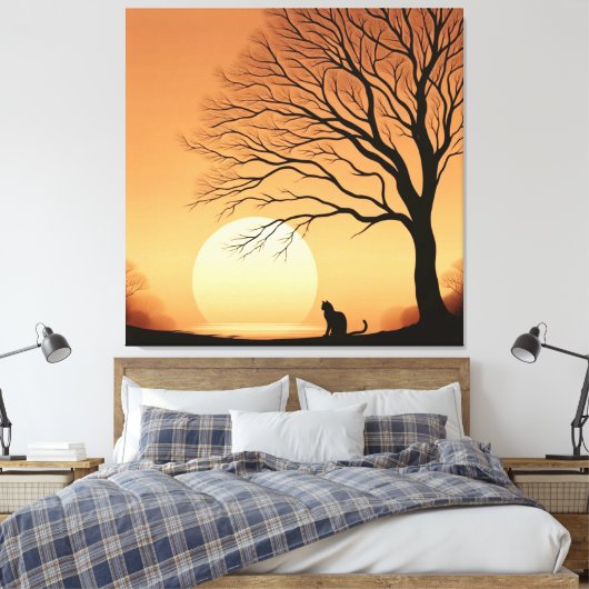 Zwarte kat en boom silhouet in de zon set canvas afdruk (Insitu (Slaapkamer))