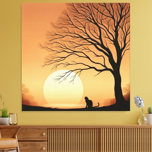 Zwarte kat en boom silhouet in de zon set canvas afdruk (Insitu (Woonkamer))