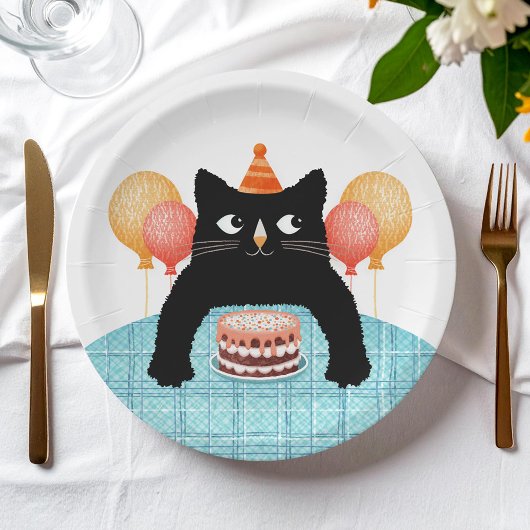 Zwarte kat en cake papieren bordje