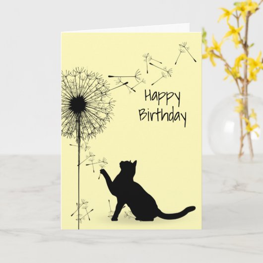 Zwarte kat en Dandelion Birthday Kaart (Gele Bloem)
